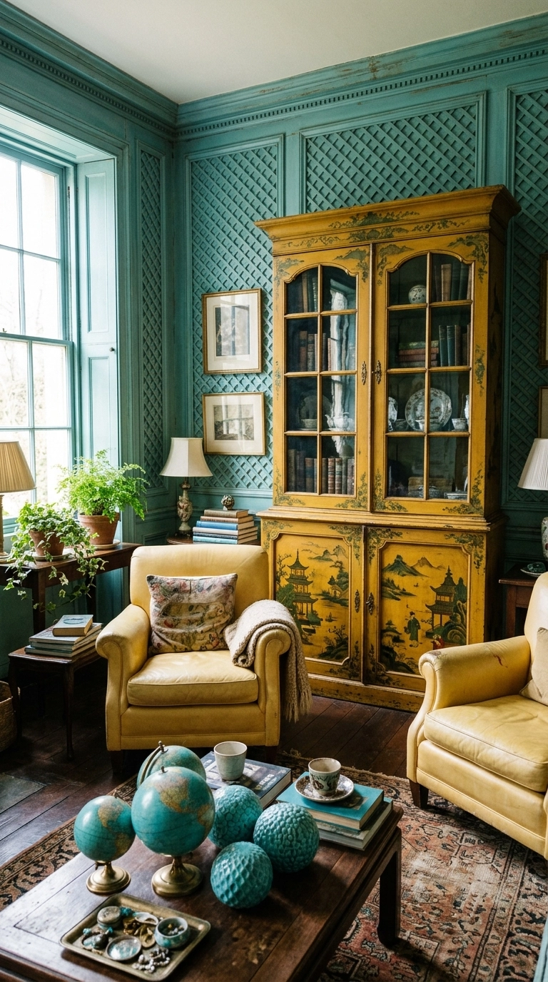 Turquoise lattice panelled room with butter yellow armchairs and a painted yellow chinoiserie cabinet