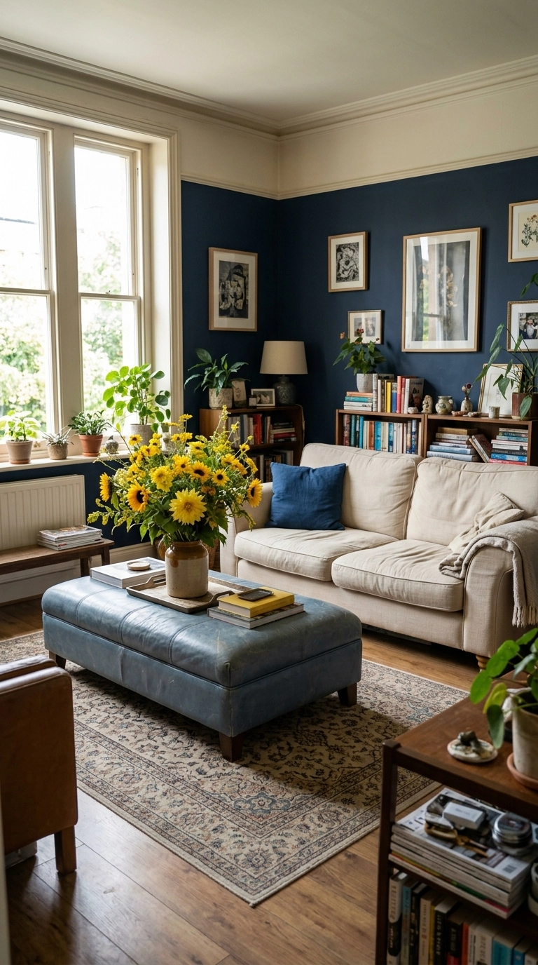 Navy blue walled room with a cream sofa and a huge bouquet of yellow flowers