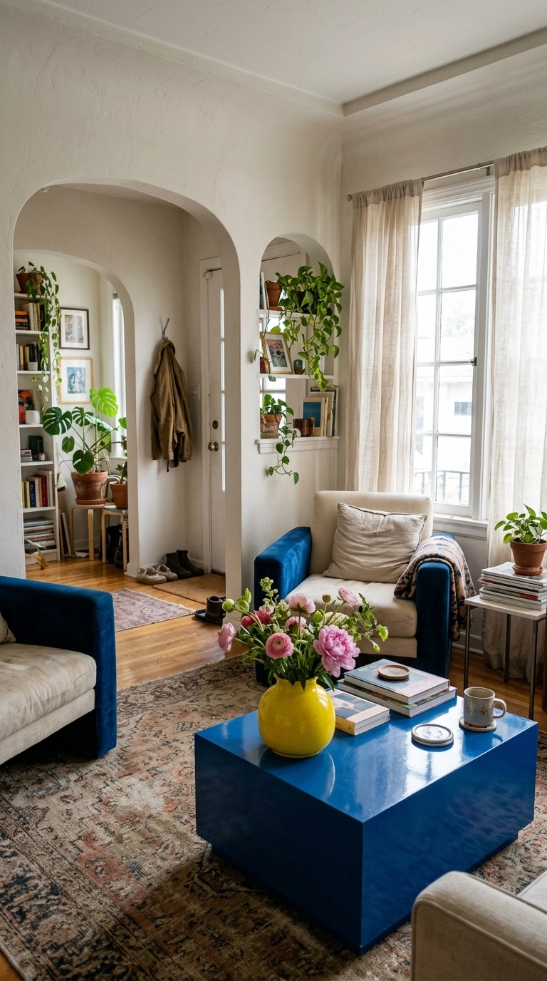 Bright arched room with a glossy blue block coffee table and a yellow vase of pink flowers