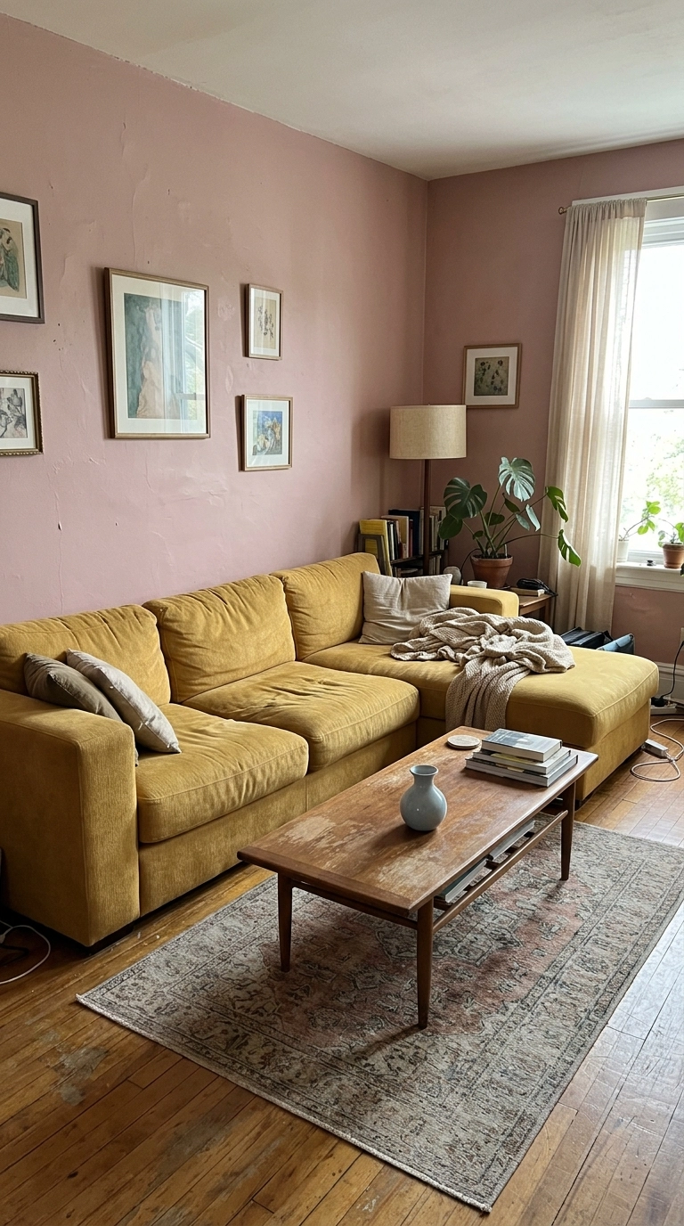 Mustard yellow modular sectional in a dusty pink walled room