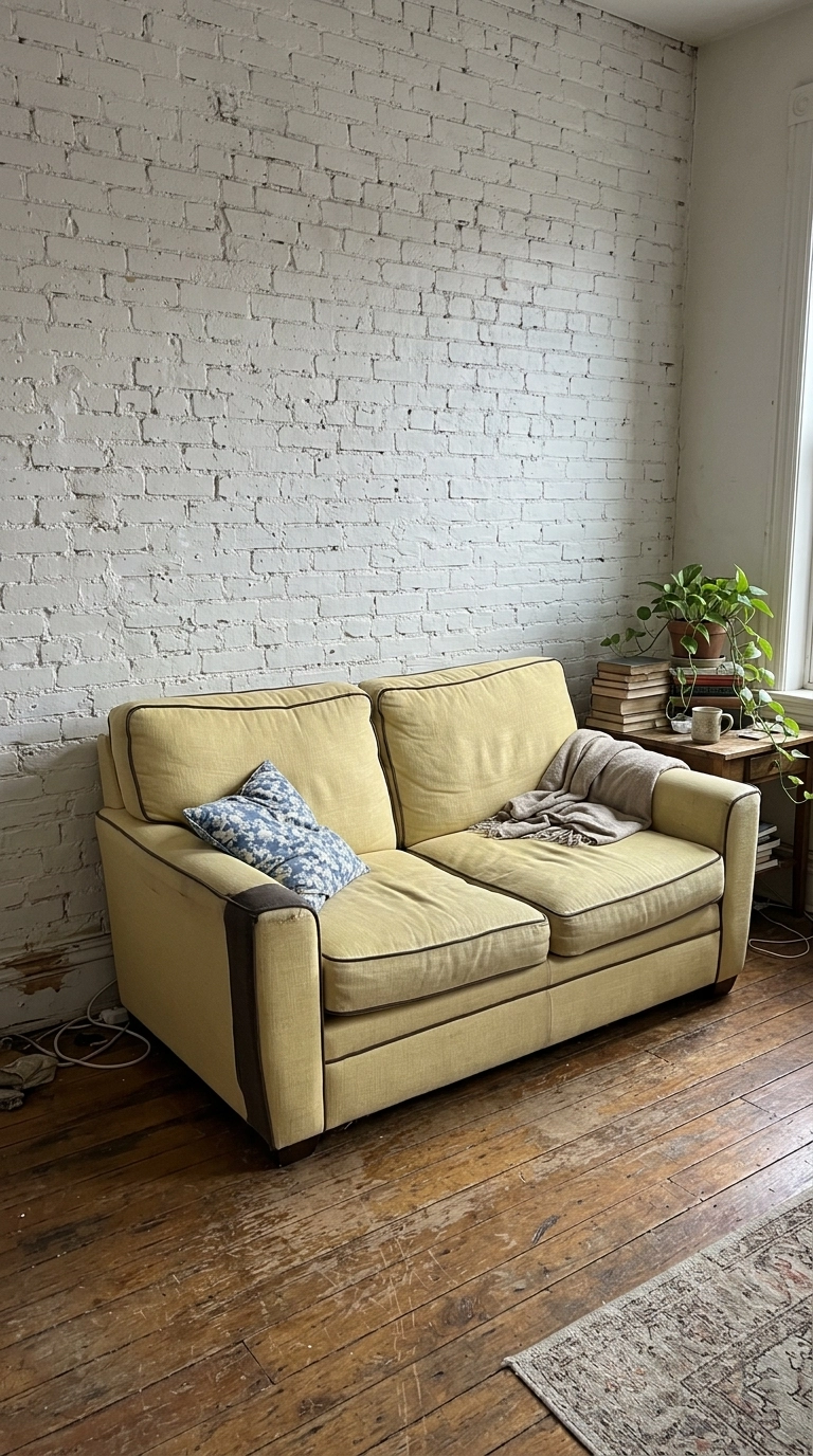 Pale lemon yellow sofa against a white painted brick wall