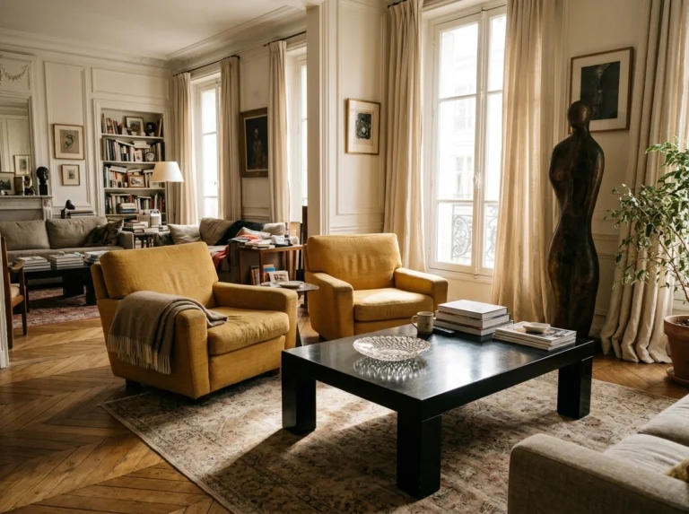 Elegant living room with a black lacquered rectangular coffee table between mustard lounge chairs