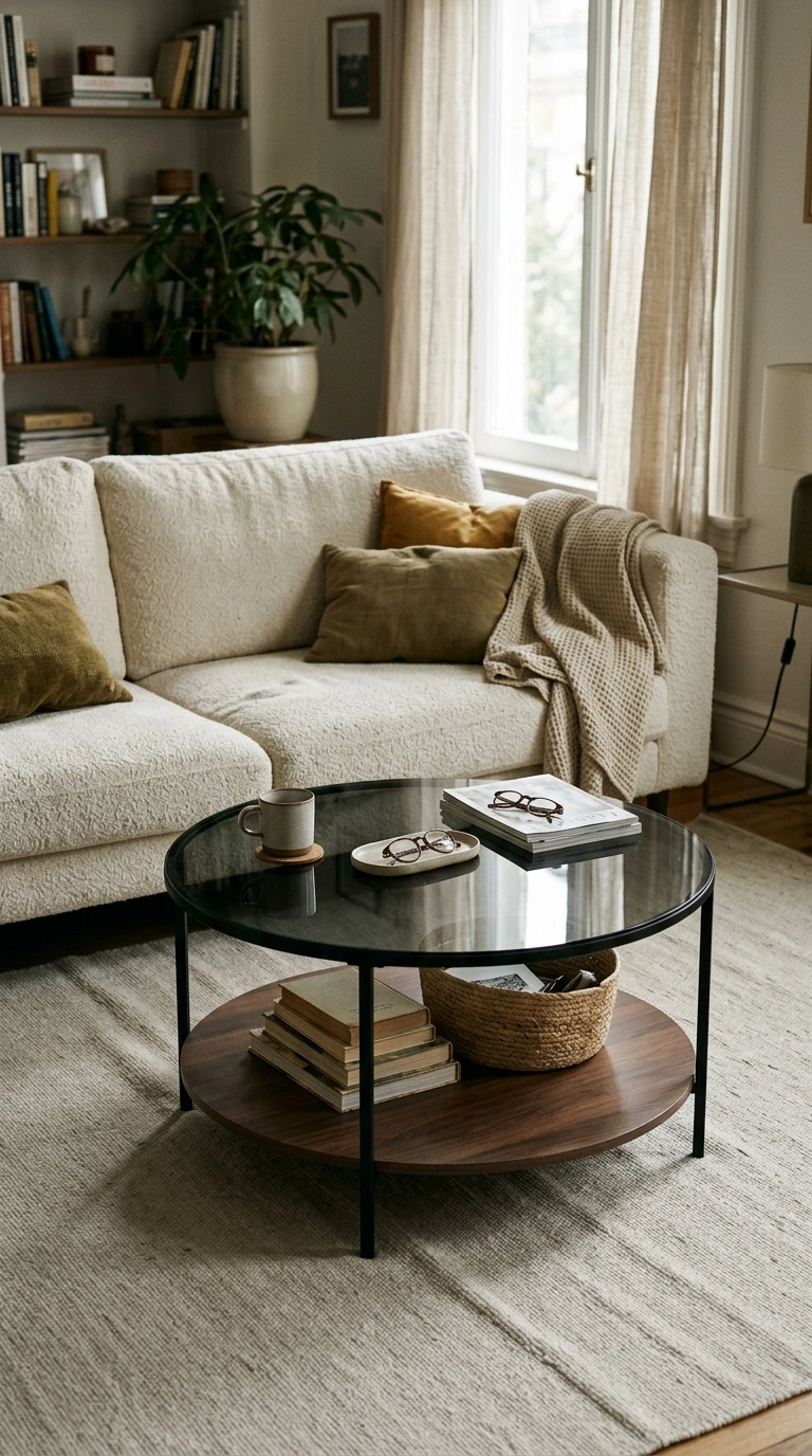 Round two tier black coffee table with glass top and lower shelf in front of a cream boucle sofa