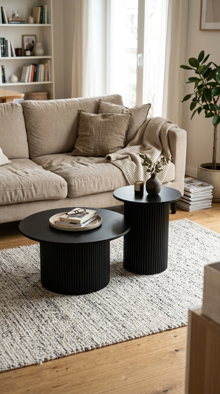 Pair of round black coffee tables with fluted drum bases in front of a beige sofa