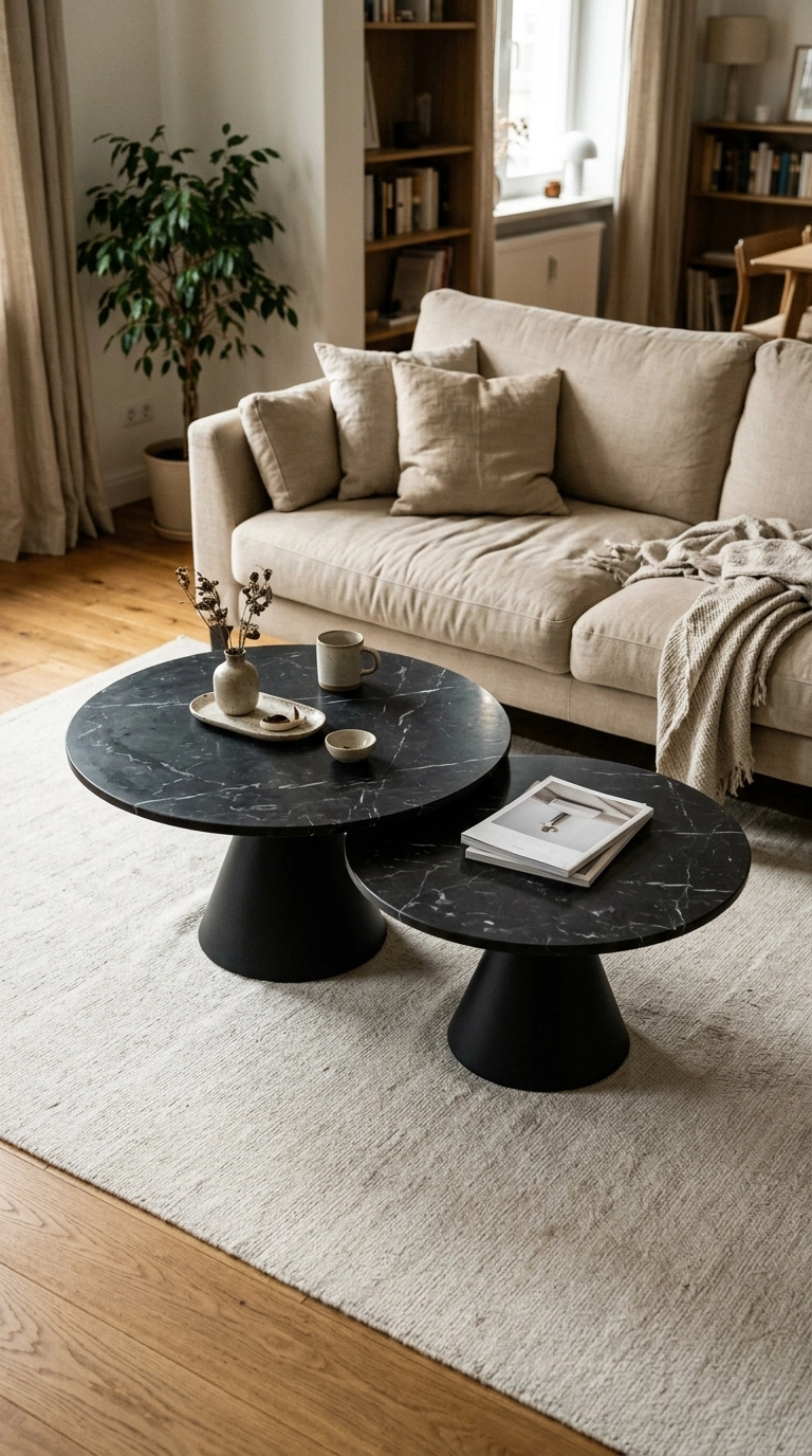 Two overlapping round black marble coffee tables on pedestal bases