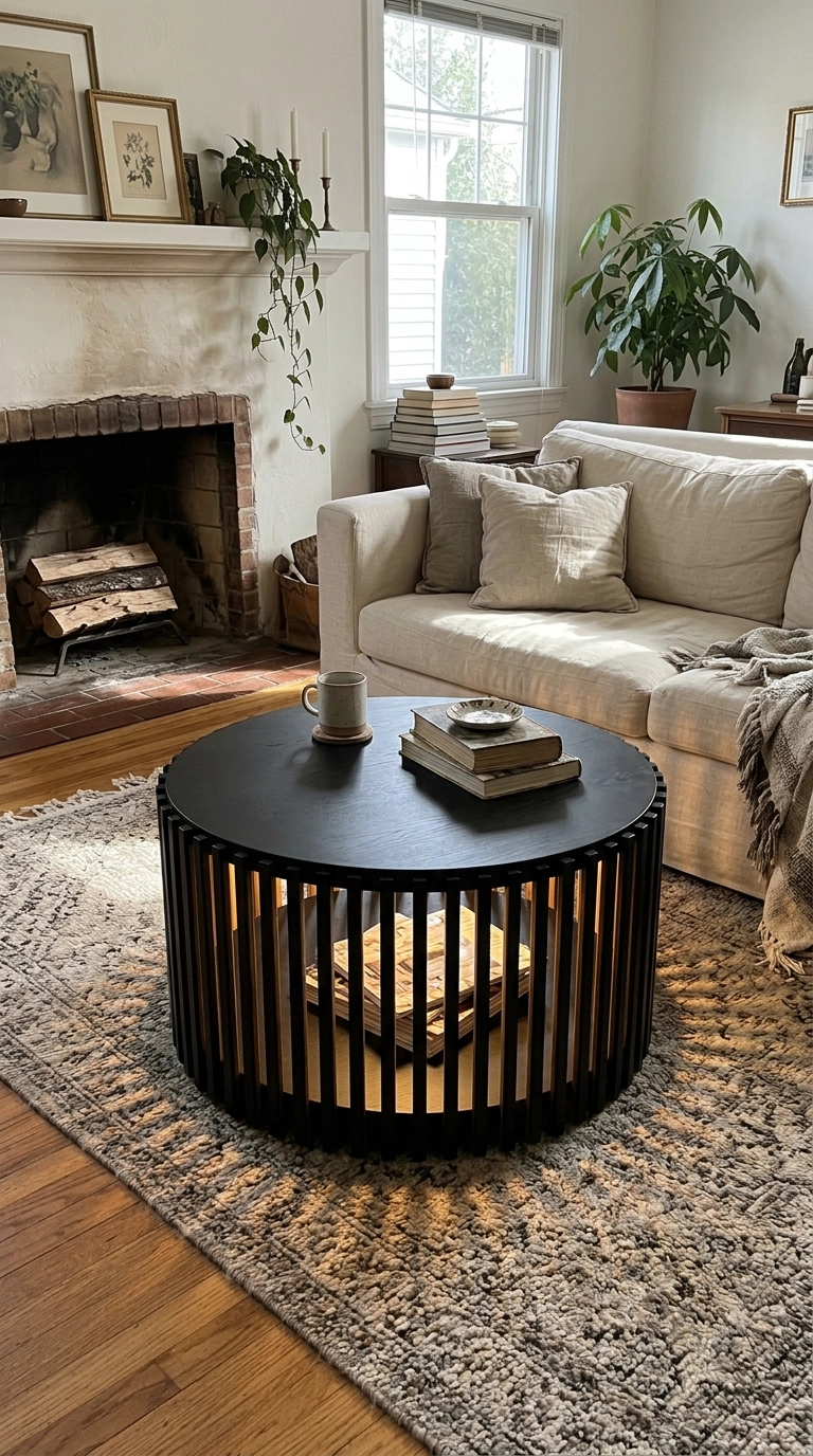 Round black slatted drum coffee table in front of a cream sofa with a fireplace behind