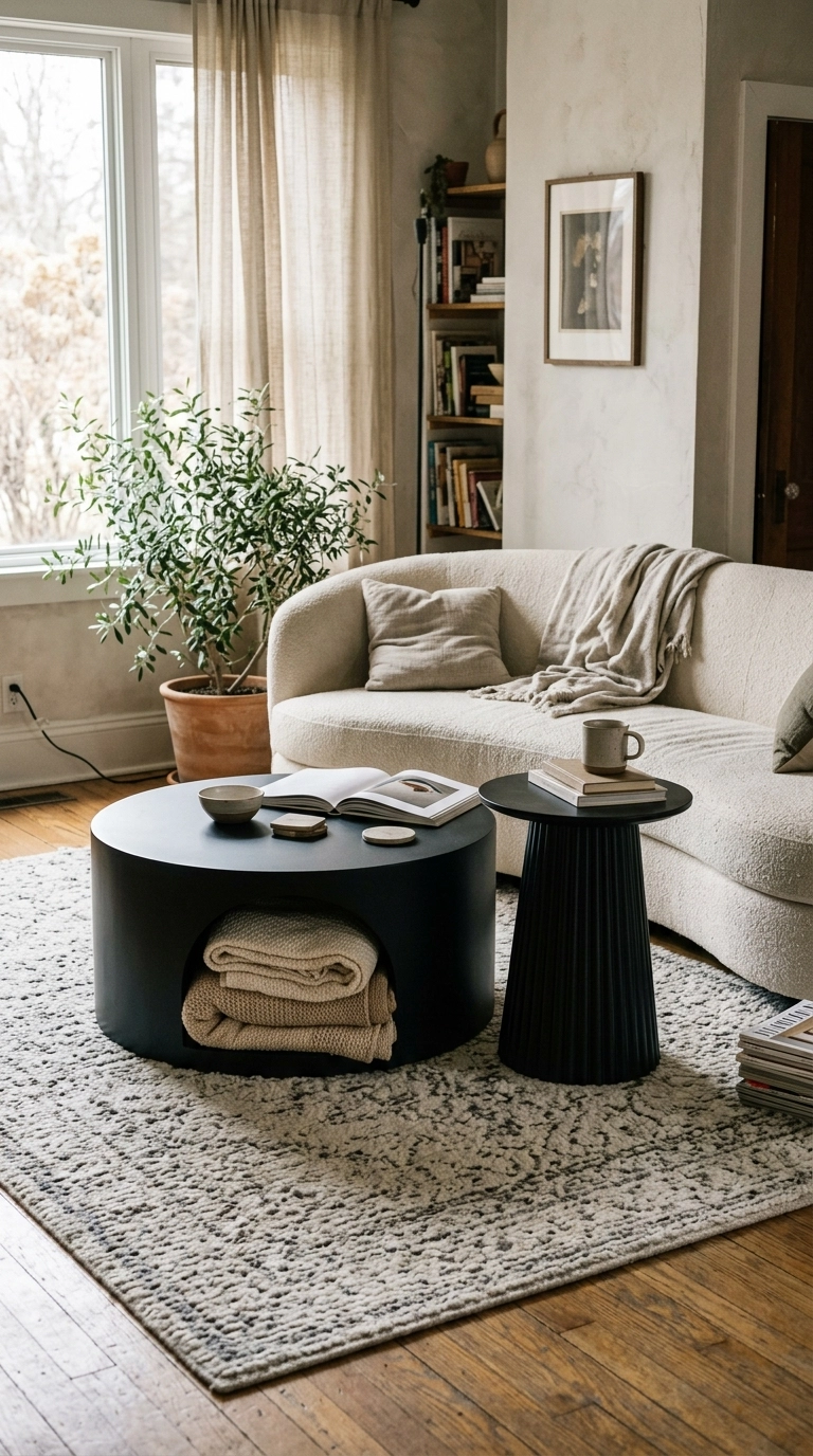 Round black drum coffee table with blankets stored in its side niche and a pedestal side table