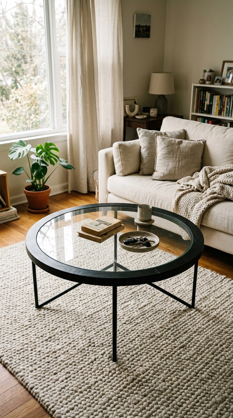 Round coffee table with clear glass top, black rim and tripod legs