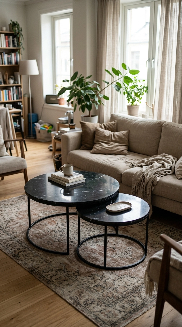 Pair of nesting round black marble coffee tables in front of a beige sofa