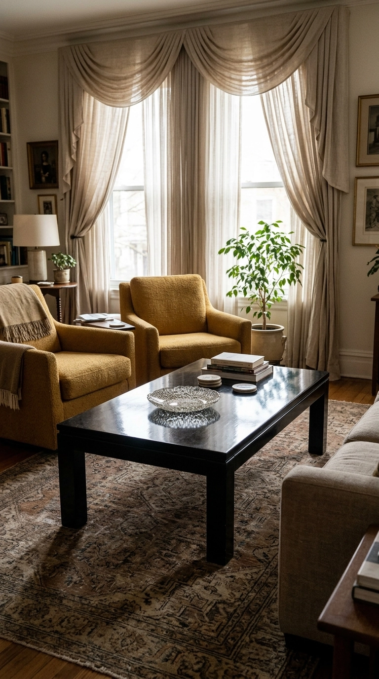 Rectangular black lacquered coffee table in a curtained room with mustard chairs