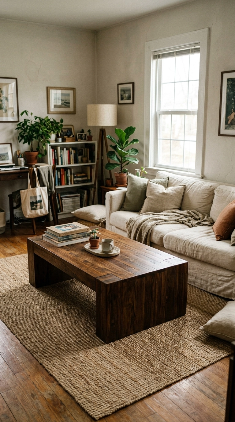 Chunky rectangular coffee table in dark stained wood in front of a cream linen sofa