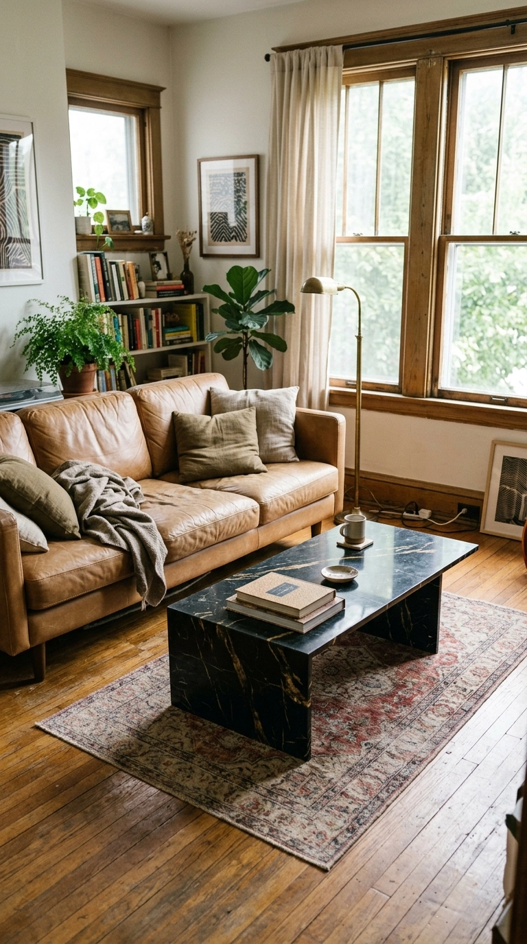 Rectangular black marble coffee table with a tan leather sofa behind it
