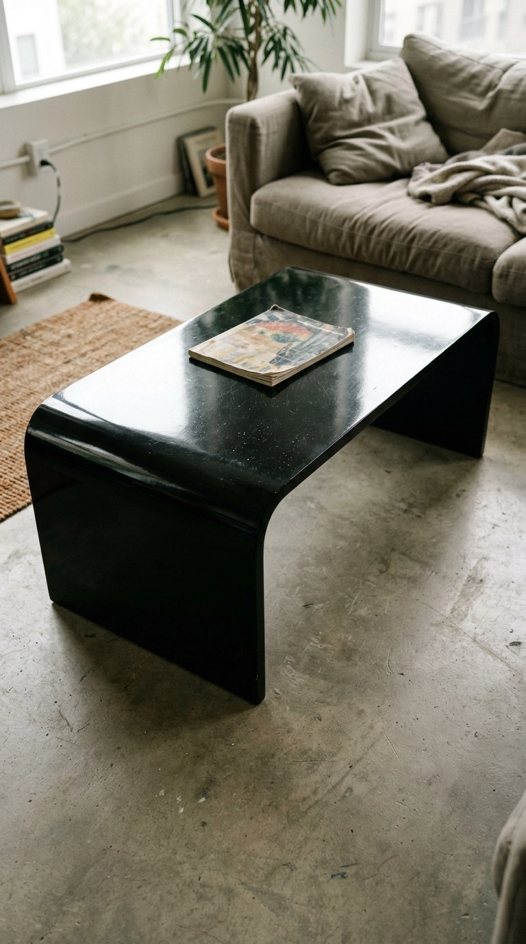 Glossy black coffee table with ends curving down to form its legs, on a concrete floor