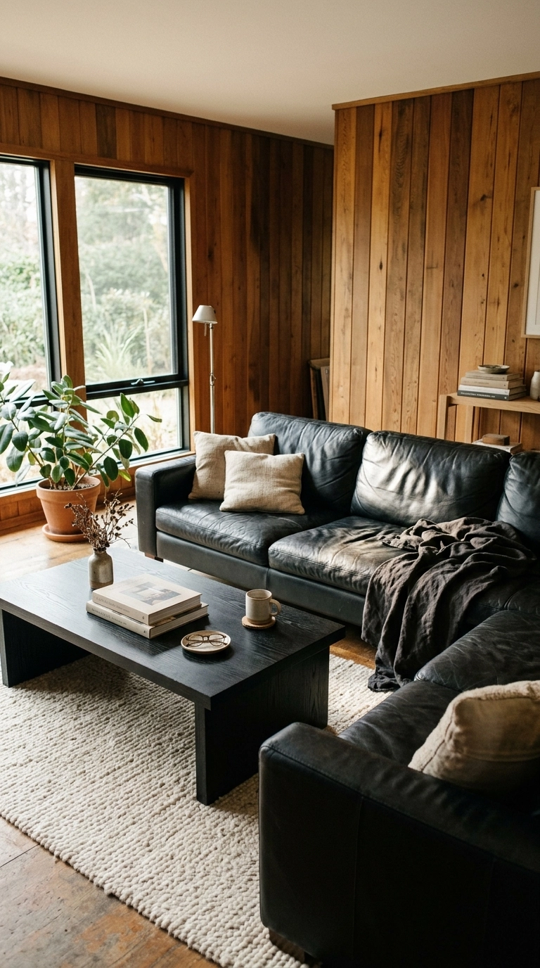 Long low black rectangular coffee table with a black leather sectional in a wood panelled room
