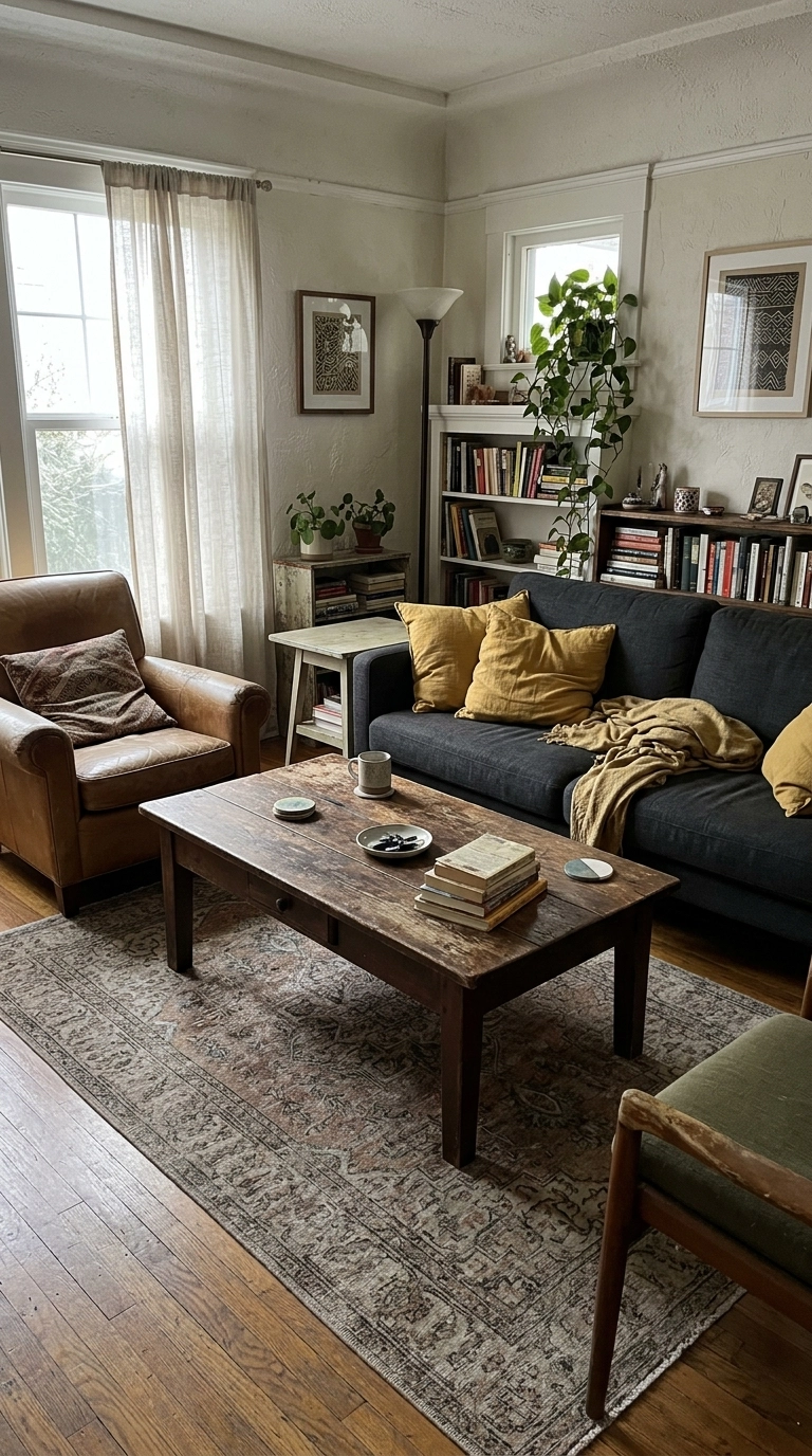 Rustic dark wood rectangular coffee table with a dark sofa and leather armchair