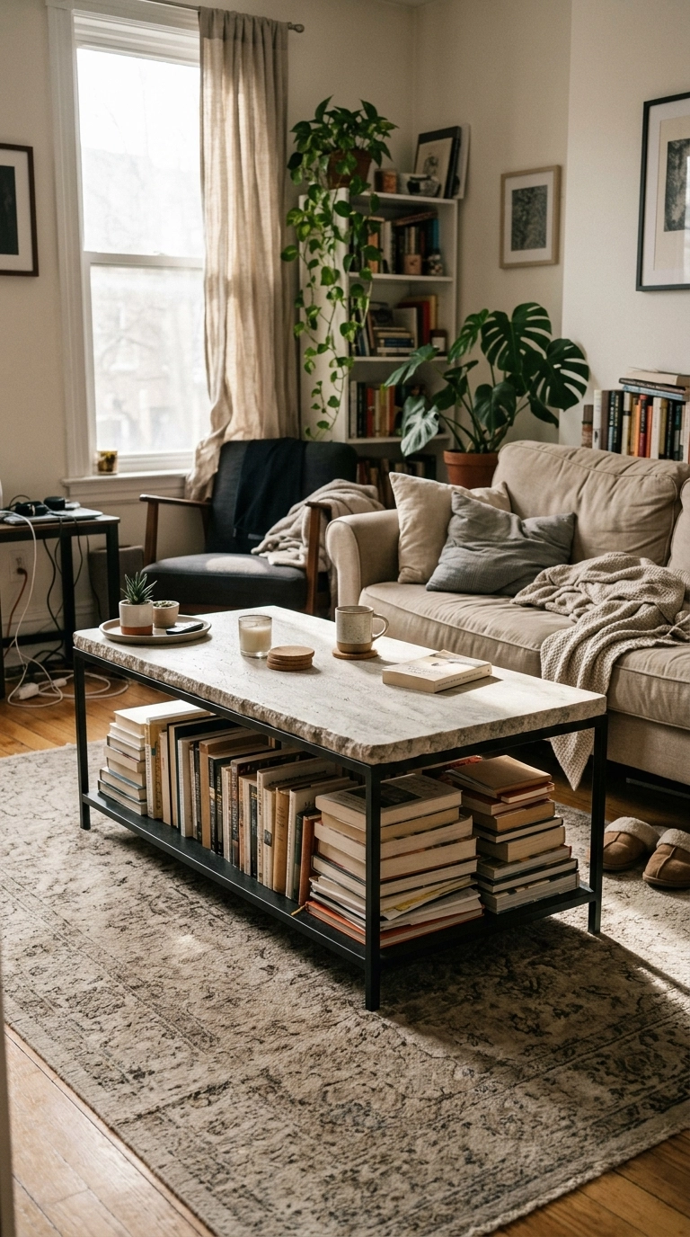 Rectangular black metal frame coffee table with stone top and a lower shelf of books