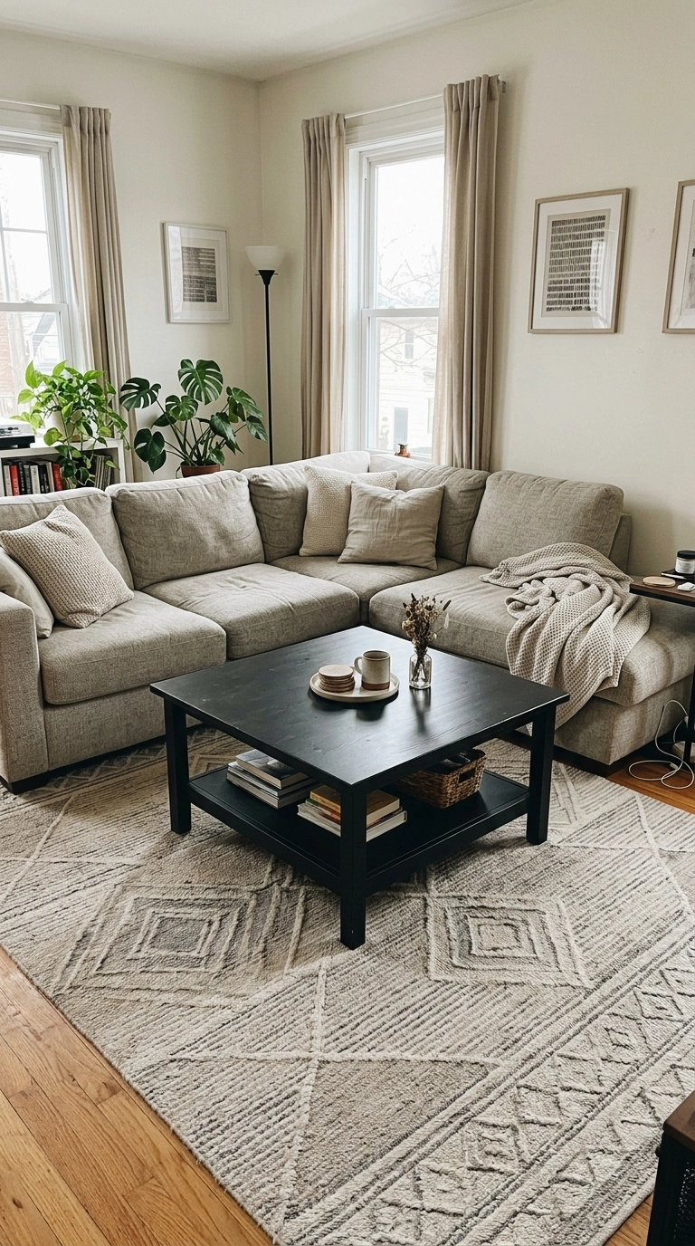 Square black coffee table with lower shelf in front of an L-shaped sectional