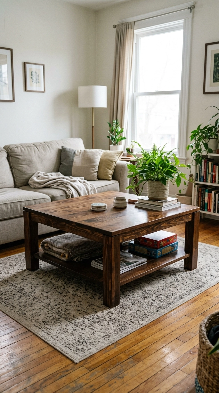 Square wooden coffee table with thick block legs and a lower shelf