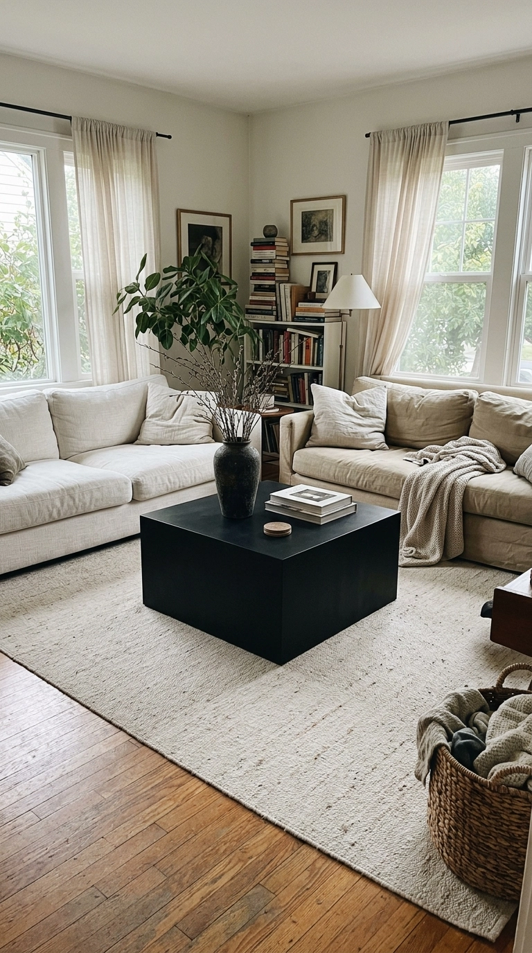 Solid matte black cube plinth coffee table between two sofas