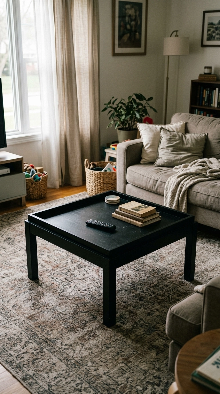 Square black coffee table with a raised tray edge holding books