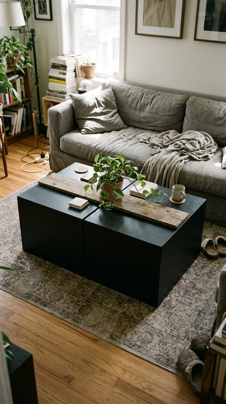 Two square black cube tables pushed together with a wooden board across them