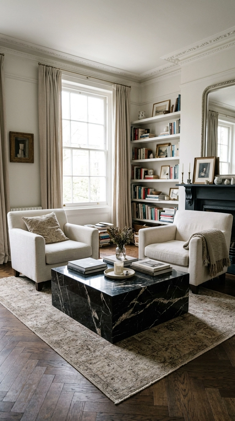 Square polished black marble coffee table in a formal sitting room