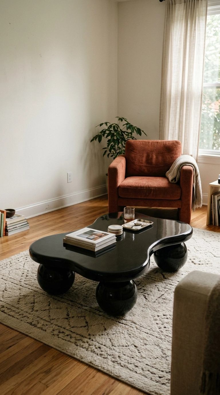 Glossy black wavy topped coffee table on spherical ball legs beside a rust armchair