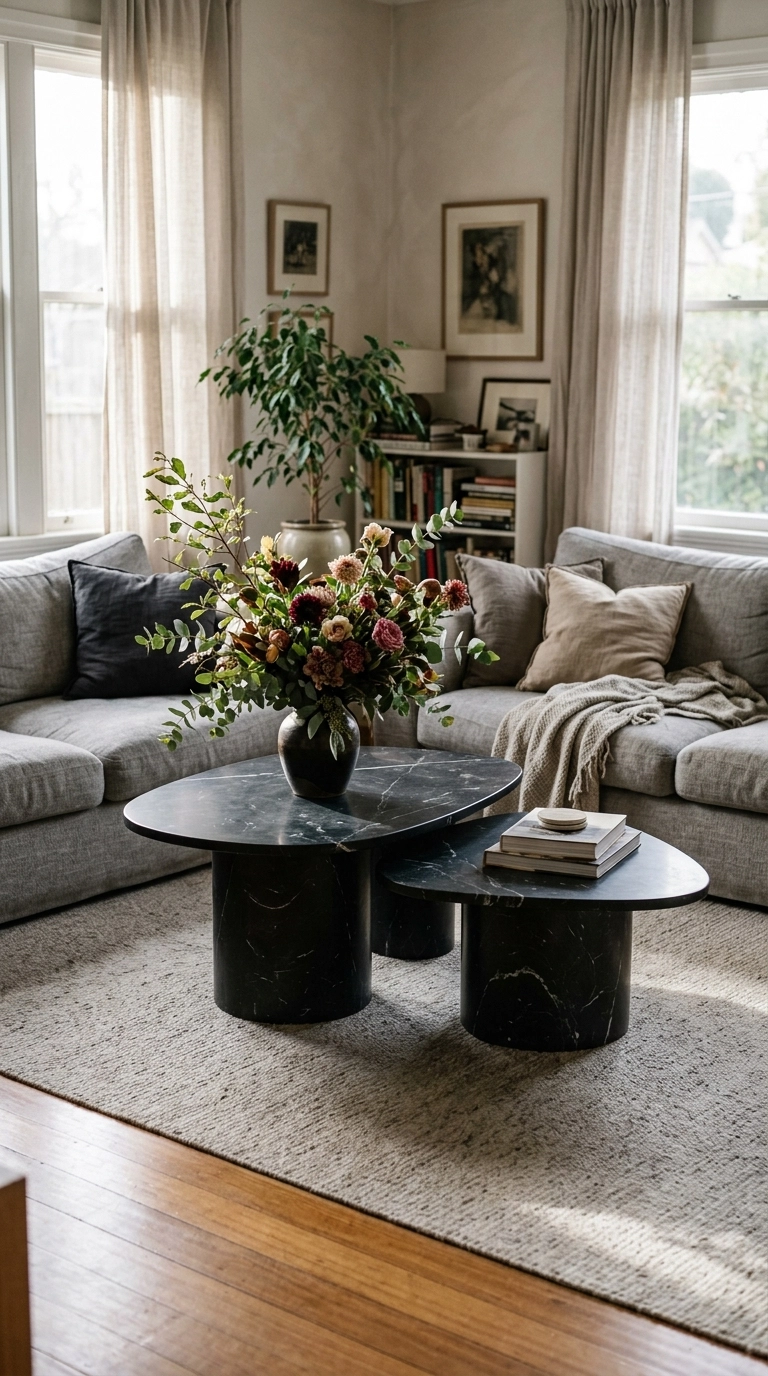 Two sculptural black marble tables with a large floral arrangement, grey sofas behind