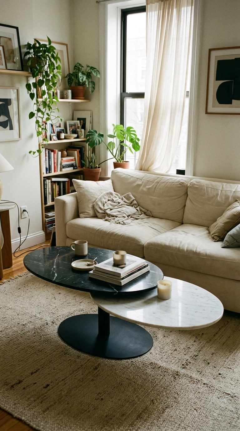Overlapping oval coffee tables, one black marble and one white marble, on a pedestal