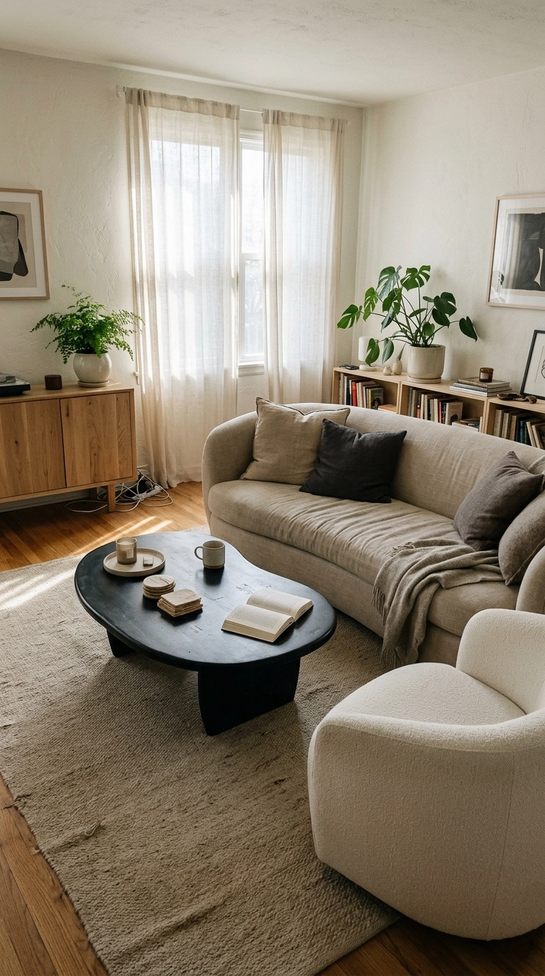 Matte black kidney shaped coffee table with curved sofas around it
