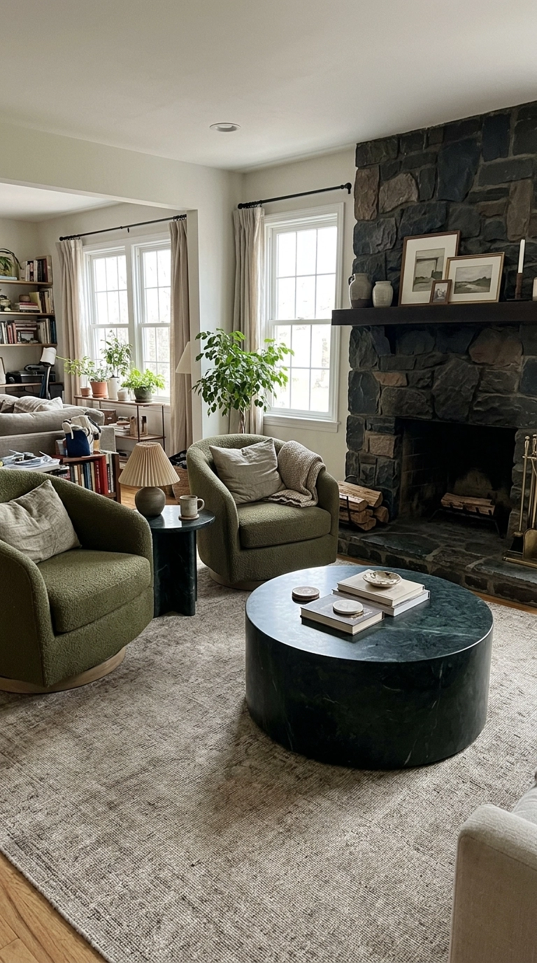 Round drum coffee table in dark green-black stone before a stone fireplace