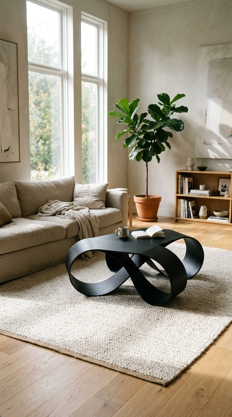 Black coffee table formed from one continuous ribbon loop of material