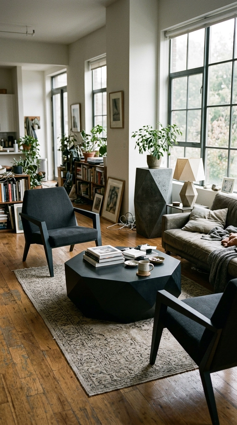 Faceted geometric black coffee table in a modern living room