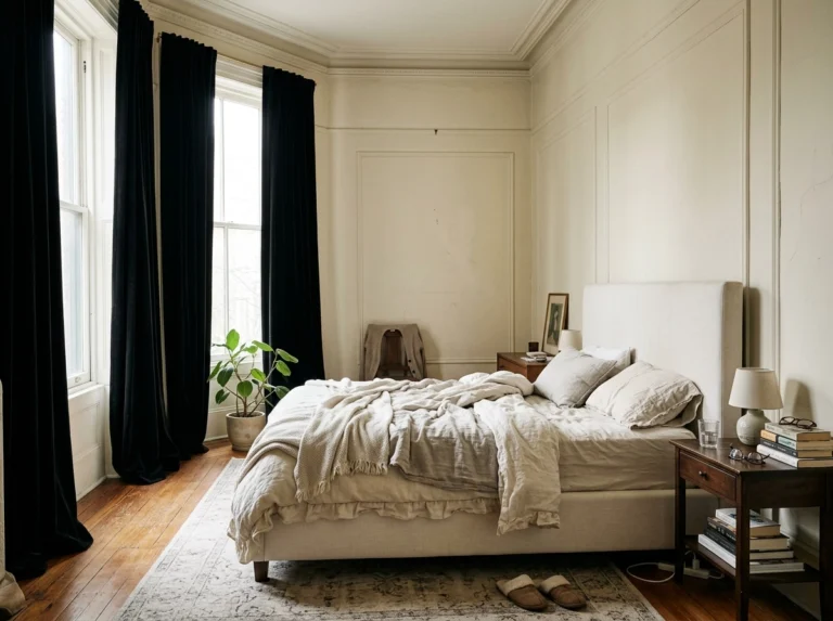Tall bedroom with black velvet curtains from ceiling to floor beside a pale upholstered bed