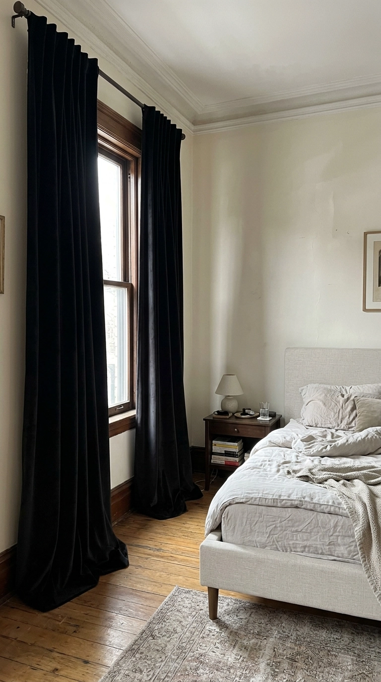 Black velvet curtains hanging from near the ceiling to the floor in a tall bedroom