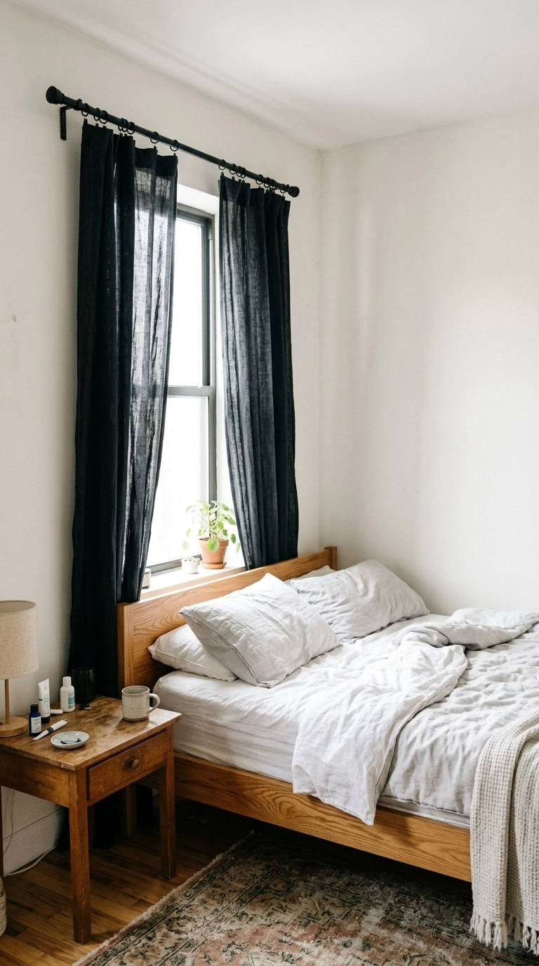 Washed black linen curtains on a matte black rod in a bright white bedroom with a wood bed