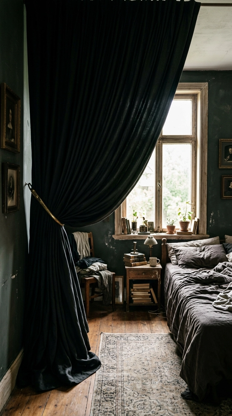 Extra wide black curtains drawn to one side in a single sweep with a brass tieback, moody bedroom