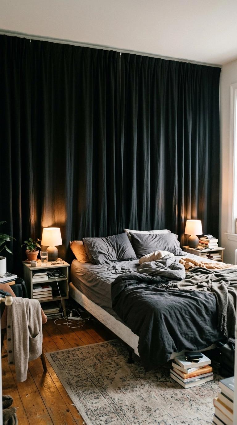 Wall of black curtains behind a bed in a bedroom, lamps glowing at the sides
