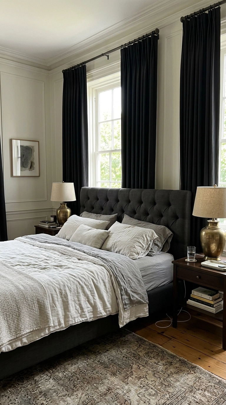 Black pinch pleat curtains in a formal bedroom with a buttoned headboard and brass lamps