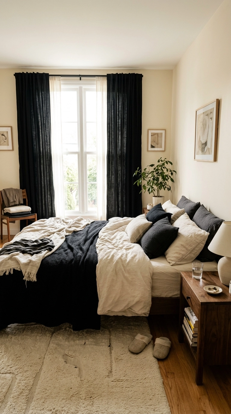 Black curtains on the window wall of a cream bedroom with black and cream bedding