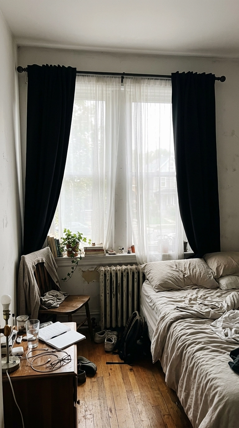 Black curtains drawn open over white sheer curtains in a street-facing bedroom