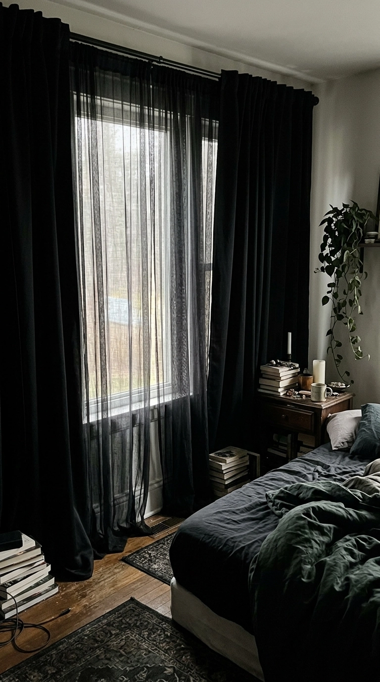 Black voile sheer layered in front of black curtains in a dark romantic bedroom