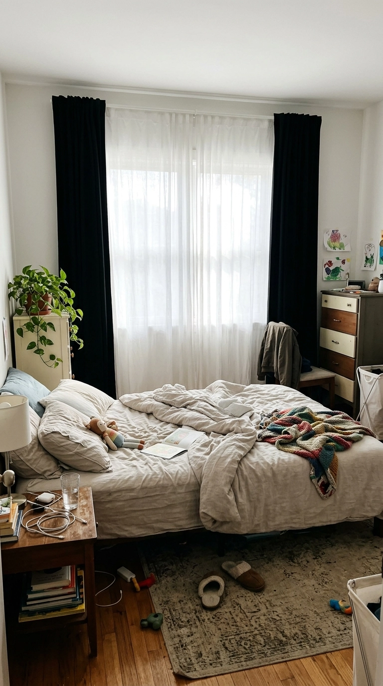Fixed black curtain panels at the sides of a wide window with a white sheer between them