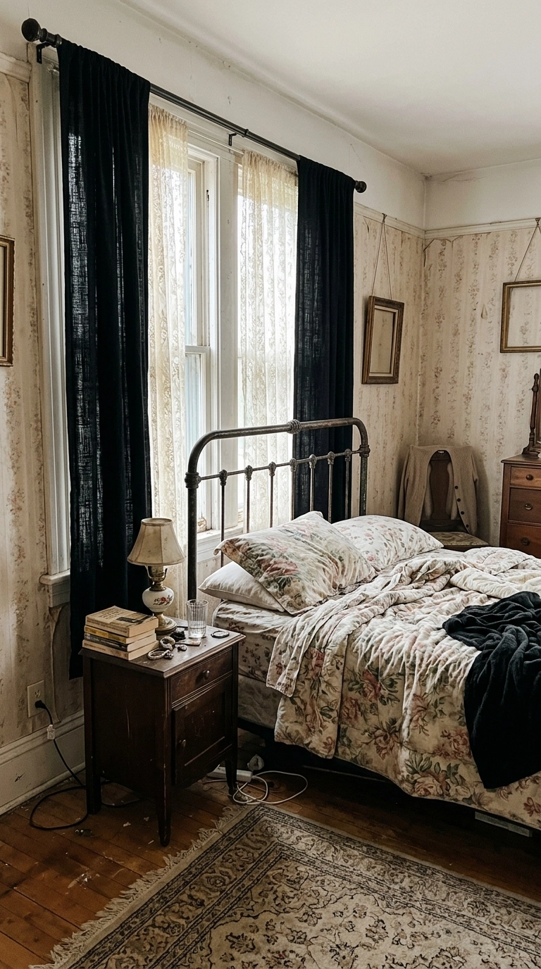 Black curtains layered over cream lace panels in a vintage bedroom with an iron bed