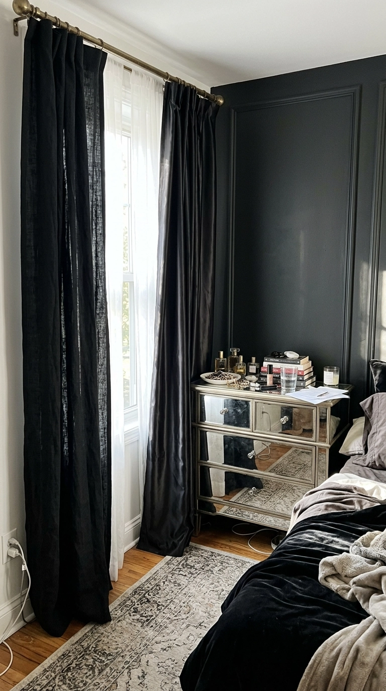 Black curtains in a glam bedroom with dark walls and a mirrored dresser