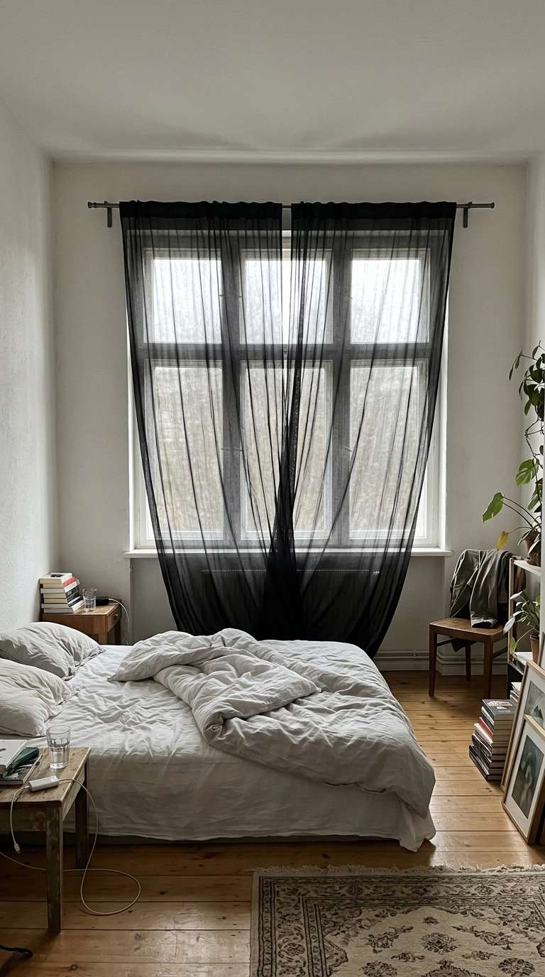 Black sheer curtains alone on a wide window in a white bedroom
