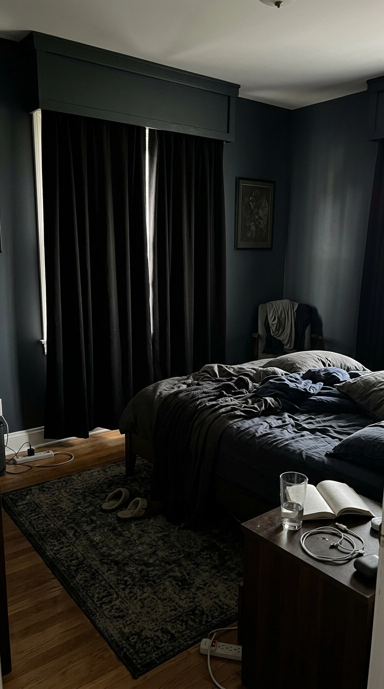 Black blackout curtains under a pelmet in a dark bedroom arranged for daytime sleep