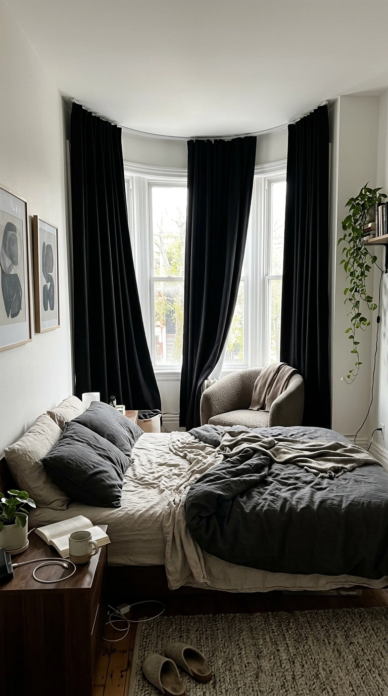 Black curtains on a ceiling track around a bay window in a modern bedroom
