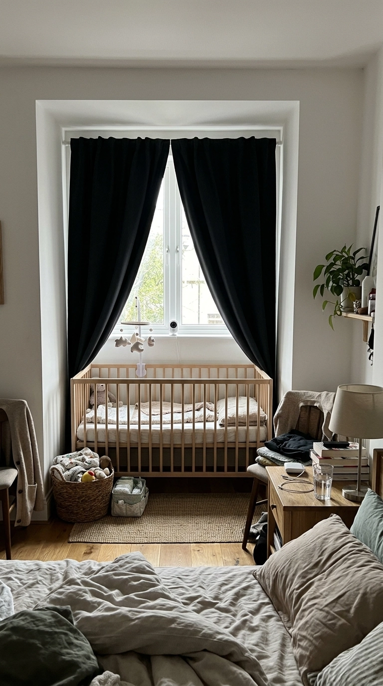 Black curtains on an alcove window in a nursery corner with a cot, inside the parents' bedroom