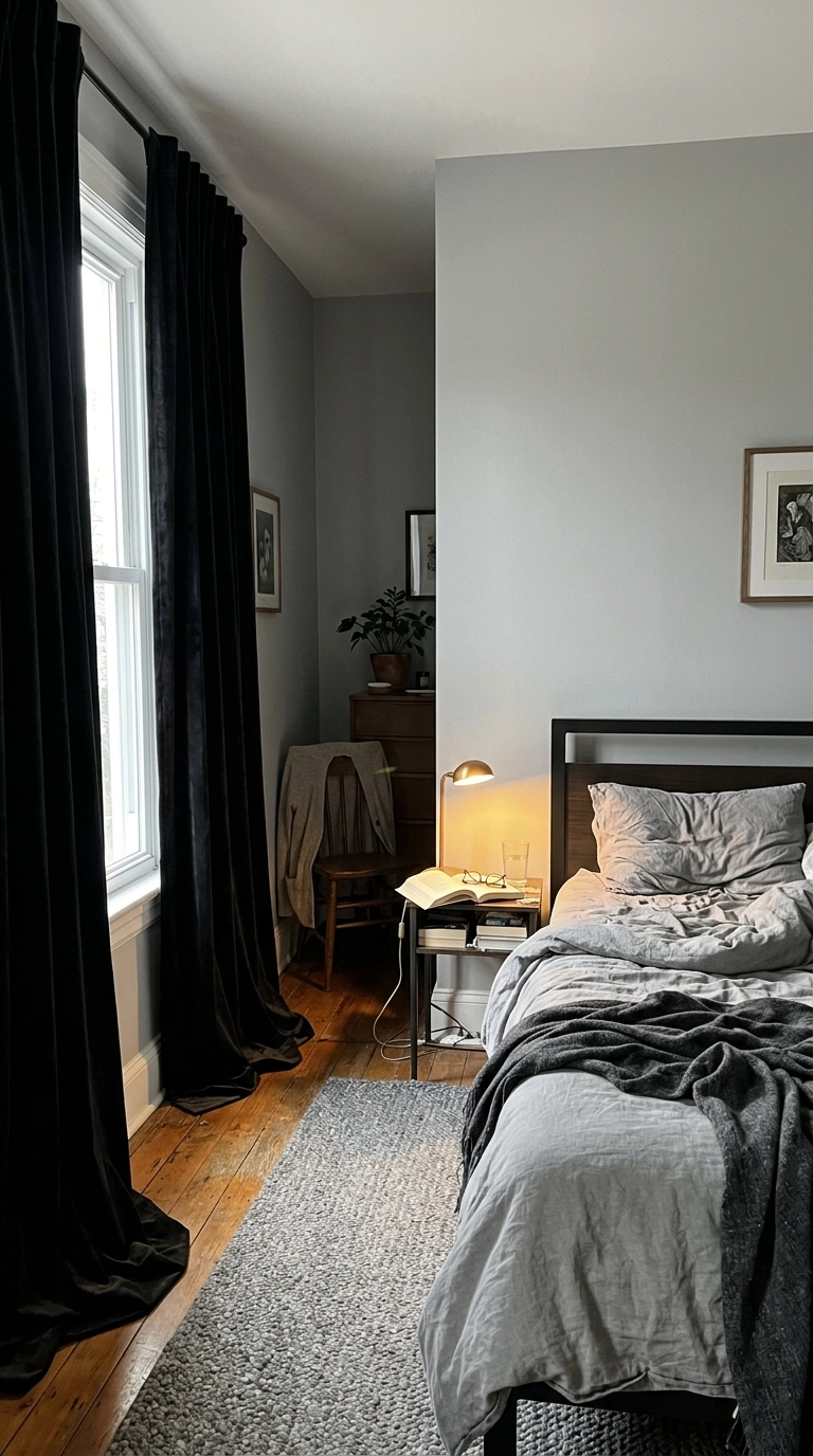 Black velvet blackout curtains in a serene grey bedroom with a warm reading lamp